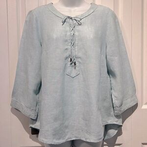Maeve by Anthropologie 100%‎ Linen Lace Up Top in Seafoam Size 8 (fits larger)